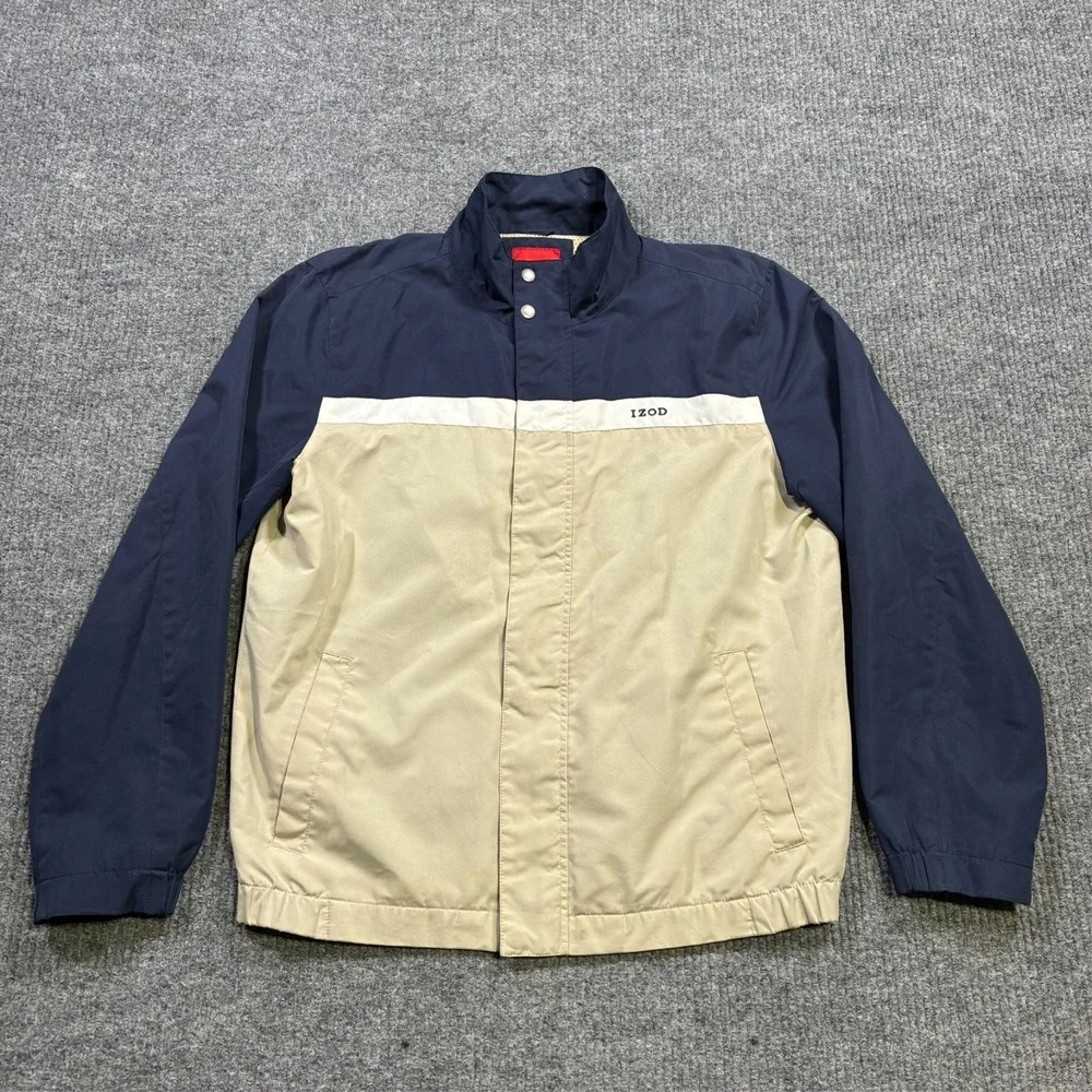 IZOD Mens Zip Front Jacket Size M Navy Khaki Colorblock Mesh Lined Casual